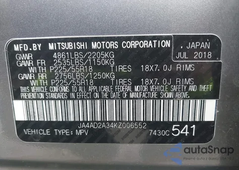 2019 Mitsubishi Outlander Es z USA, uszkodzony, nr VIN JA4AD2A34KZ006552